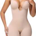 SHAPSHE Backless Shapewear Strapless Deep U Plunge Bodysuit for Women Built In Bra Tummy Control Low Back Body Shaper (Large, Tan)