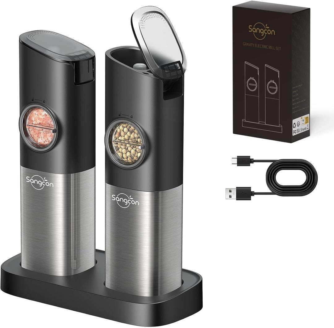 Sangcon Gravity Electric Salt and Pepper Grinder Set [Upgraded Larger Capacity] USB Rechargeable With Dual Charging Base - Automatic One Hand Operation - Adjustable Coarseness & LED Light Refillable (Black)