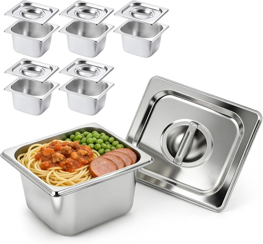 KUK 6 Packs Stainless Steel Hotel Pans with Lids 1/4 Size x 6" Deep Steam Table Commercial Food Storage Containers Stackable Metal Steamer Anti-Jam Restaurant Warm Pans