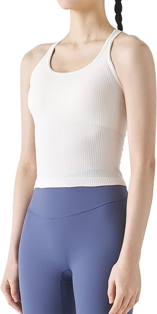 Ribbed Workout Short Racerback Tank Tops for Women with Built in Bra (6, Off-white)
