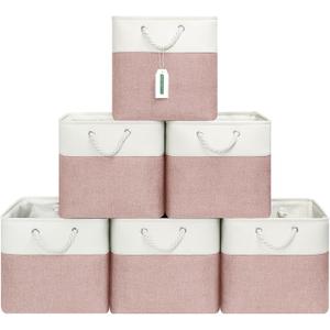 ECDYQXVU 13x13 Inch Cube Storage Bins with Reinforced Bottom Cardboard, 6 Pack Large Foldable Fabric Storage Cubes with Handles for Shelf, Closet, Laundry Organization (White&Pink)