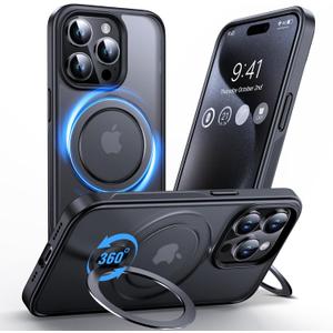 Anqrp 360 All-in-ONE Stand Case for iPhone 15 Pro with Rotatable Magnetic Kickstand Ring Holder, Compatible with MagSafe, MIL-Grade Shockproof iPhone 15 Pro Phone Case Cover 6.1" Black