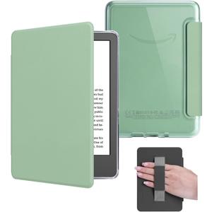 Case with Hand Strap for 6.8" Kindle Paperwhite 11th Generation 2021 and Kindle Paperwhite Signature Edition, PU Leather Cover, Transparent Hard Back Shell with Auto Sleep/Wake, Matcha Green