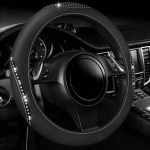 NBTEPEM Microfiber Leather Car Steering Wheel Cover, Non-Slip Car Wheel Cover Protector Universal Fit 14.5in-15in with Bling Crystal Rhinestones, Glitter for Women Girl (Silver Diamond)