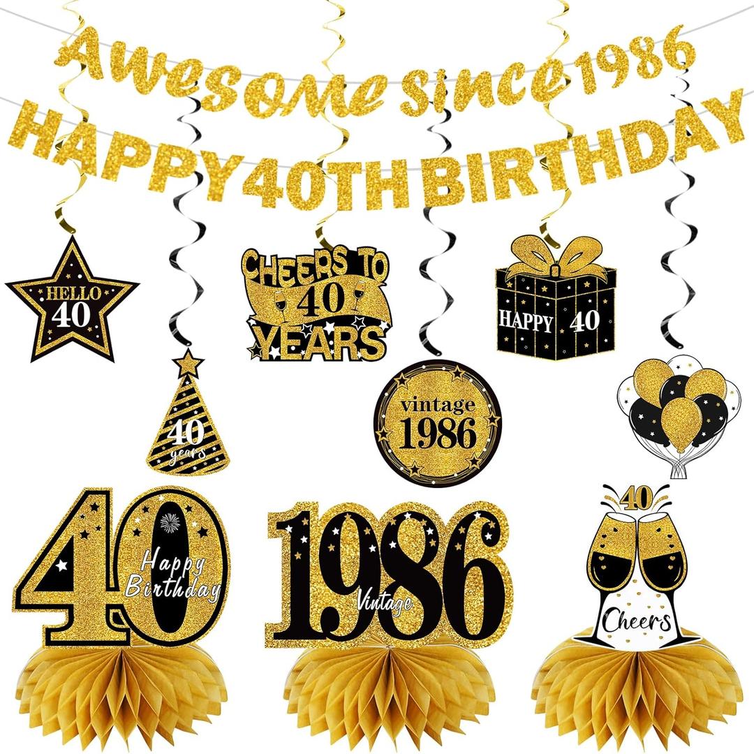 Kuxriox 11Pcs 40th Birthday Decorations Kit for Men Women, Black Gold Happy 40th Birthday Banner, Awesome Since 1986 Centerpieces Swirls Party Supplies, Forty Bday Banner Ceiling Table Topper Sign