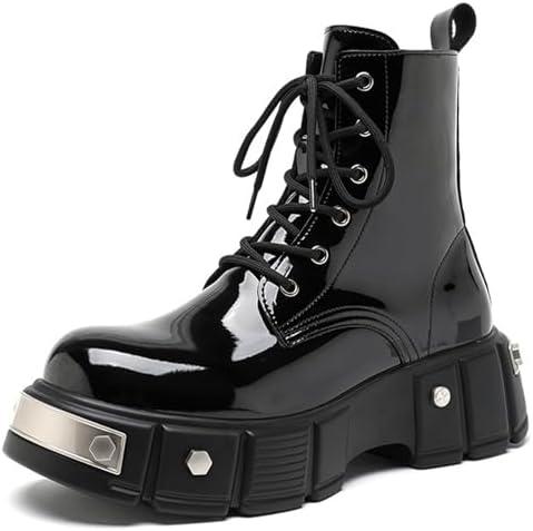 Men's Lace Up Platform Motorcycle Boots Patent Leather Ankle Boots with Side Zipper Comfort Metal Round Toe Punk Outdoor Combat Boots (Black, M)