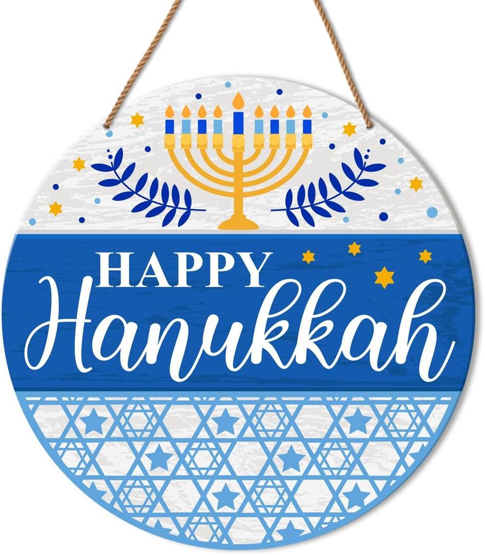 Happy Hanukkah Front Door Sign, Chanukah Decor for Home Front Door Porch Patio Jewish Festival of Lights Wooden Hanging Signs Decoration