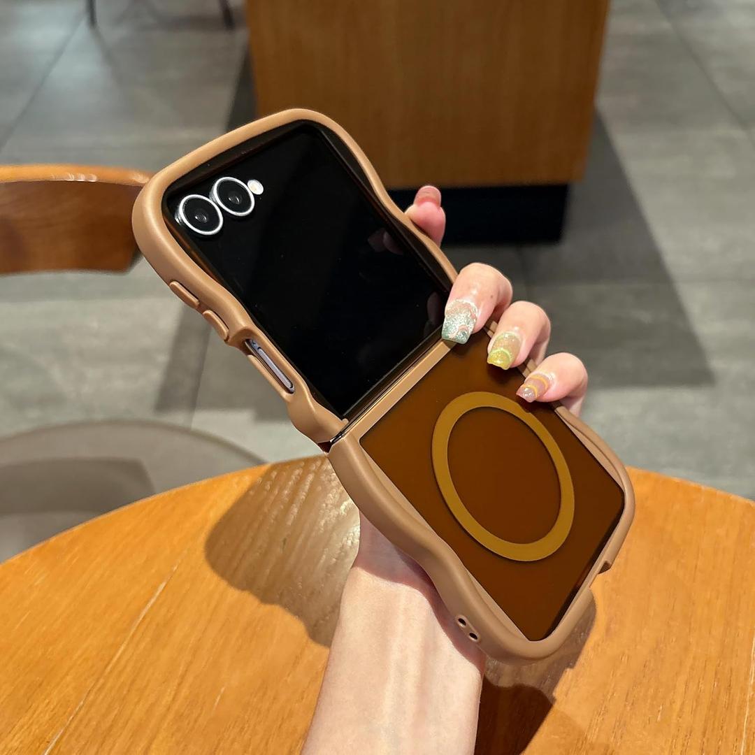 UEEBAI Magnetic for Samsung Galaxy Z Flip 7 5G Case, Compatible with MagSafe, Transparent Wave Frame Design Case Soft Edge Cover Cute Clear Matte Shockproof Protective Phone Case, Gold