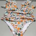 Women Ruffle High Waisted Swimsuit Two Piece Tropical Print Swimsuit Push Up Bathing Suit (Medium, Orange Ditsy Print)