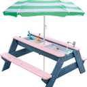 Kids 3-in-1 Sand & Water Table, Wood Outdoor Convertible Picnic Table with Umbrella, 2 Trays, Removable Top with Faucet, Picnic for Outdoor (Pink/Green)