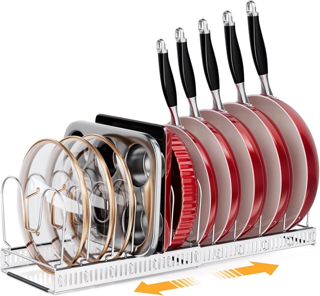 MUDEELA Pot Rack - Expandable Pots and Pans Organizer under Cabinet, Pot Lid Organizer Holder with 12 Adjustable Compartment, Kitchen Cabinet Organizer and Storage for Cutting Board, Skillets Pan