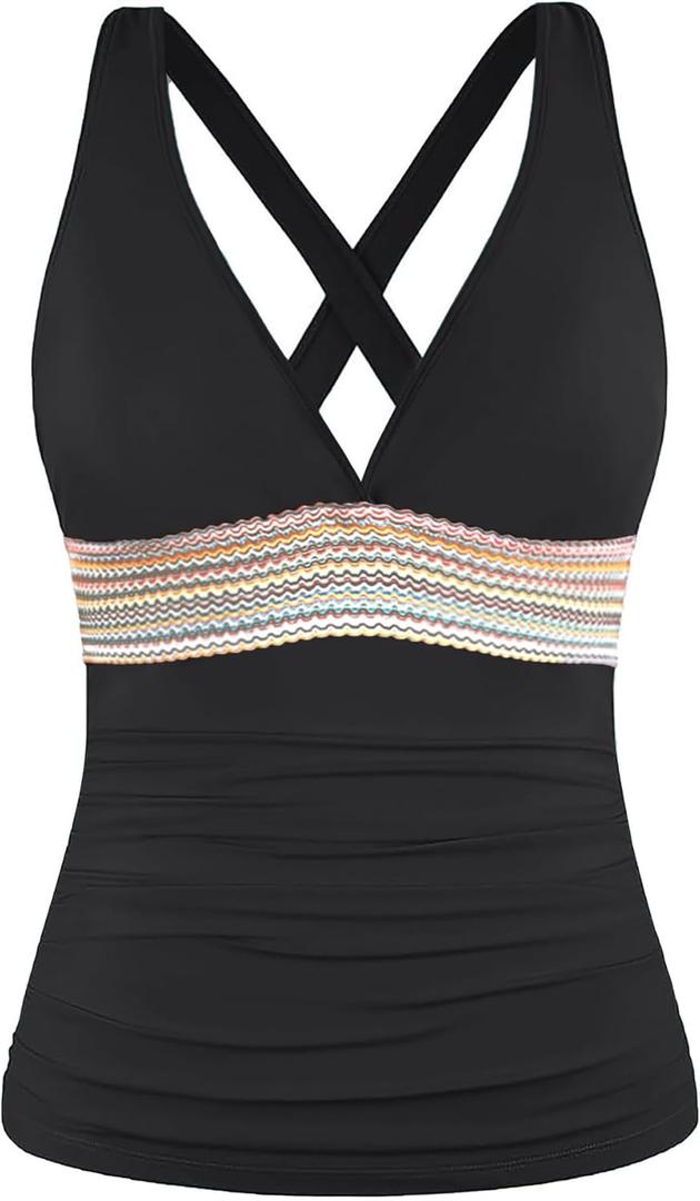 Tankini Tops for Women- Tummy Control Swim Top Only No Bottom 2025(Not Suitable for Large Busts) (Black), L