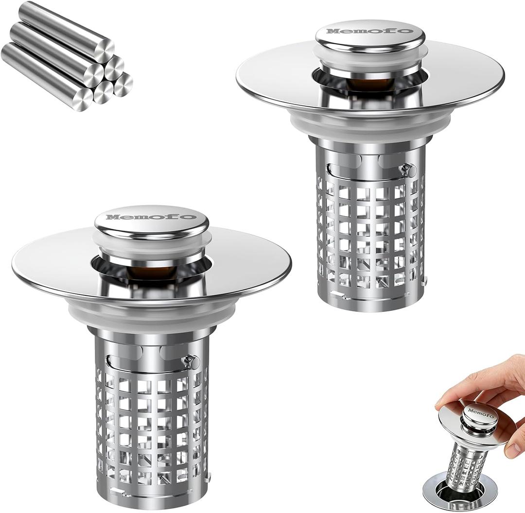Bathroom Sink Stopper, Stainless Steel Pop-up Sink Stopper Hair Catcher with Removable Basket (2PCS)
