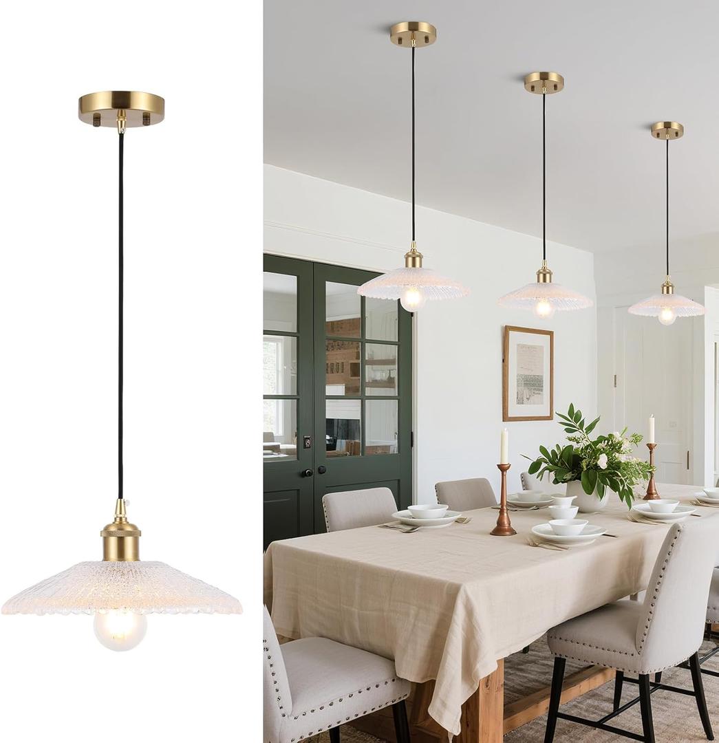 Modern Large Pendant Light 11 Inches Water Ripple Clear Glass Shades Brushed Brass Gold Hanging Lamp Farmhouse Adjustable Ceiling Hanging Lights Kitchen Island Dining Room Bedroom