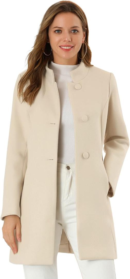 Allegra K Women's Winter Overcoat Mid-Long Stand Collar Single Breasted Coat Outerwear (Beige)