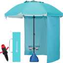 HOMEDEMO 8FT Big Beach Umbrella with Privacy Curtain & Weight Bag, Outdoor Beach Umbrellas with Large Anchor, Table & Carry Bag, Heavy Duty Windproof Design, UPF 50+ Protection, Parasol, Türkiye Blue