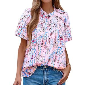 MASCOMODA Womens Tops Summer Boho Floral Short Sleeve Button Down Shirts Crewneck Loose Vacation Dressy Casual Work Blouses M