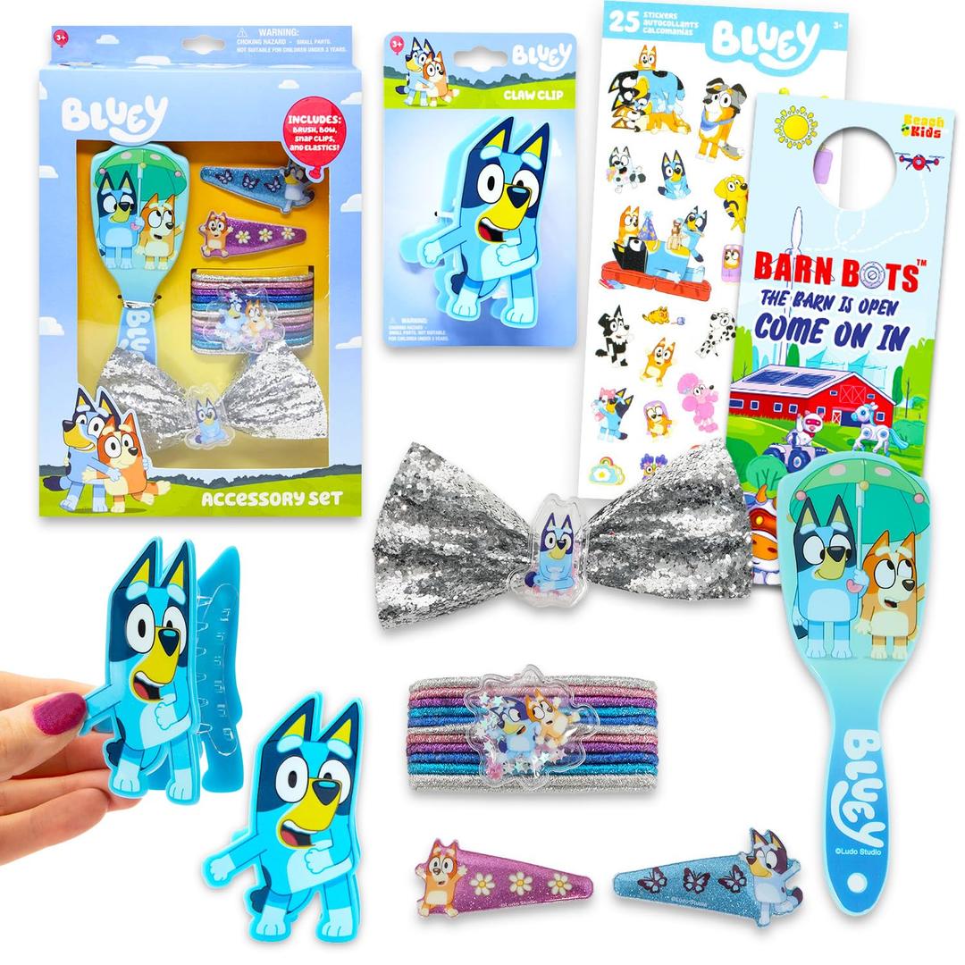 Bluey Hair Accessories Set - Bundle with Hair Ties, Claw Clip, Brush, Barrettes, Stickers, and More | Bluey Accessories for Girls, Kids
