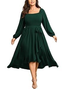 SCOMCHIC Women Plus Size Maxi Dress Fall Long Sleeve Wedding Guest Smocked High Low Ruffle Cocktail Dress with Belted Emerald Green, X-Large Plus