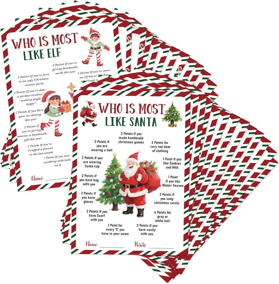 Who is Most Like Santa Clause/ELF Game Cards 30PCS, 5 x 7 Inches Fun & Easy for Family Christmas Holiday Office Friends Church Party, Holiday Party Supplies for Xmas, sdwl02