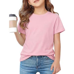 Girls Summer Short Sleeve T Shirts Casual Kids Tops Crewneck Tees Tween Girls Basic Clothes 12-13 Years (Pink)