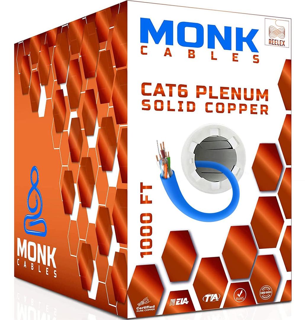 MONK CABLES | CAT 6 Ethernet Cable 1000ft | 100% Pure Bare Solid Copper Cat 6 Cable | 23AWG UTP CMP Rated Plenum | 550MHz, 10Gbps & PoE++ LAN | DSX-8000 Tested | Cat6 Bulk Ethernet Cable | Blue