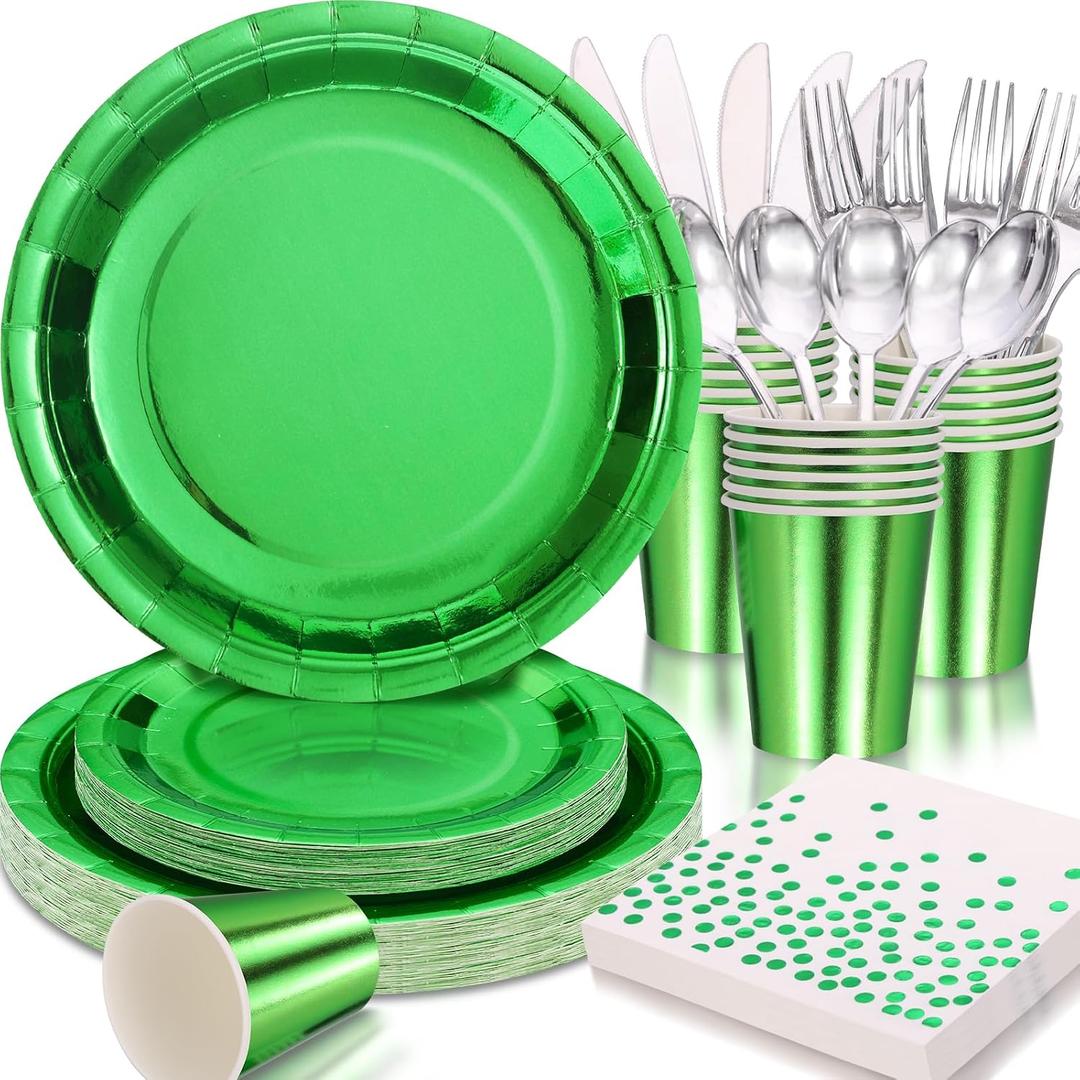 Green Party Decorations, 168 Pcs Green Paper Plates and Napkins Party Supplies, Birthday Plates Serve 24, for Birthday Baby Shower Graduation Father's Day