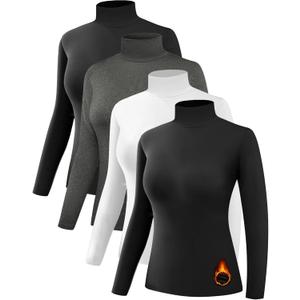 Dalavch 4 Pack Womens Thermal Turtleneck Shirts, Women Turtle Neck Fleece Lined Compression Long Sleeve Base Layer Tops (Medium, 2 Black 1 Heather Gray 1 White)