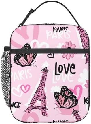 Pack of 2, VANZEV Paris Eiffel Tower Lunch Box for Adults Kids Women Men Pink Butterfly Lunch Bag Cooler Tote Reusable Insulated Lunch Bag Container Gifts for Office Picnic Travel Work School