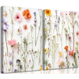 2Pcs Colorful Wildflower Canvas Wall Art Modern Floral Plant Wall Decor Pictures Botanical Pressed Flower Poster Prints for Dining Area Living Room Bedroom Home Decorations (12x16in canvas)