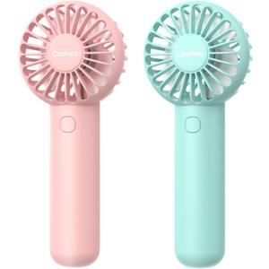 2-Pack Pink & Blue Handheld Fan, Small Cute Design, 3 Powerful Speeds, Operated by USB/Rechargeable Battery, Personal Portable Fan with Base & Lanyard, for Eyelash Makeup Travel Beach Office