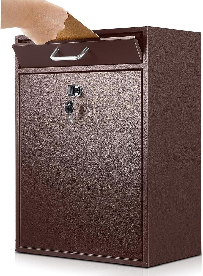 Yaocom Locking Mailbox with Key for Outdoor 18 x 15 x 7 Inches Large Wall Mount Mail Box with Lock Security Mail Drop Metal Collection Boxes Hanging Secure Postbox (Brown)