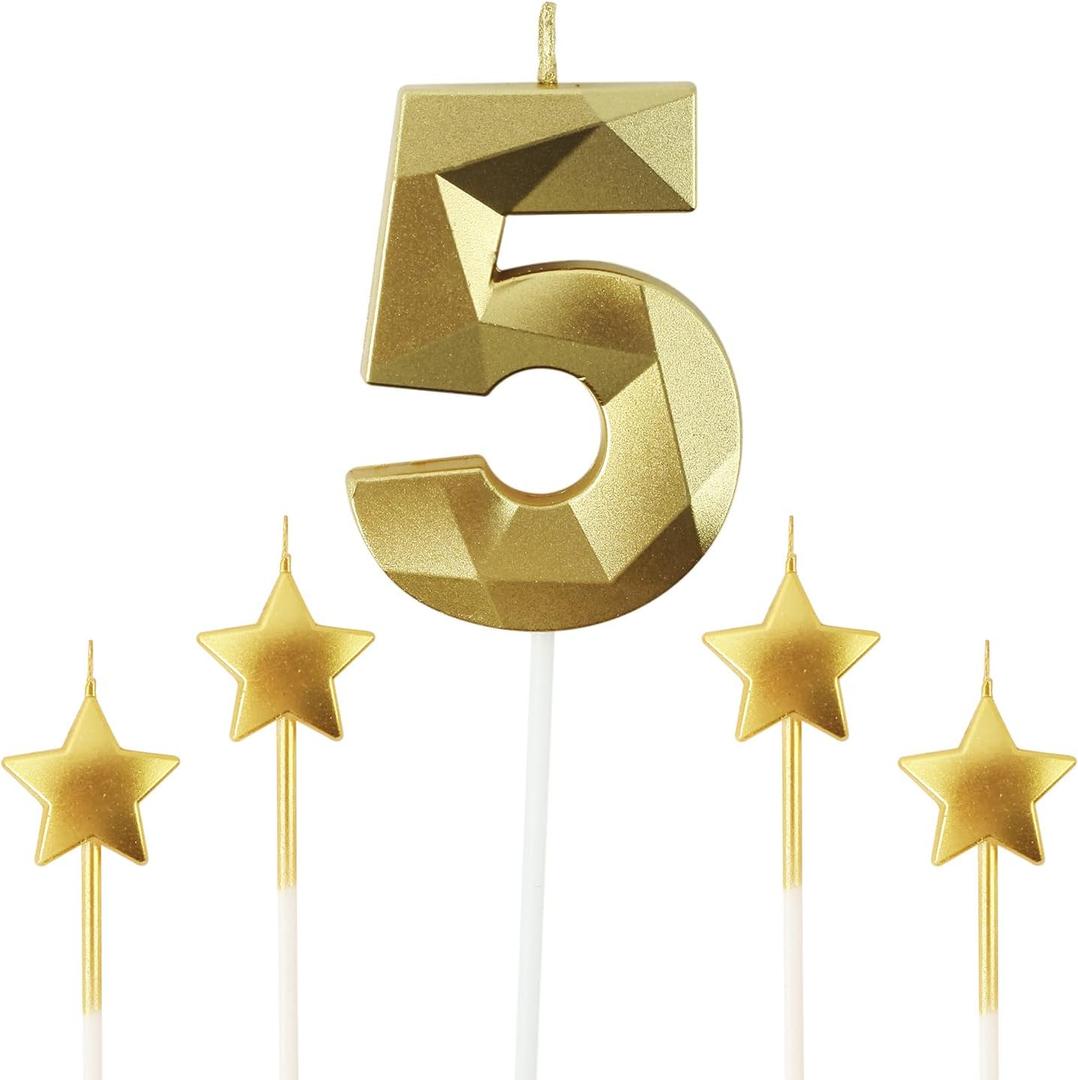 Golden Number 5 & 2.76 inch 3D Diamond Shaped Birthday Candles for Parties & Cake Decorations