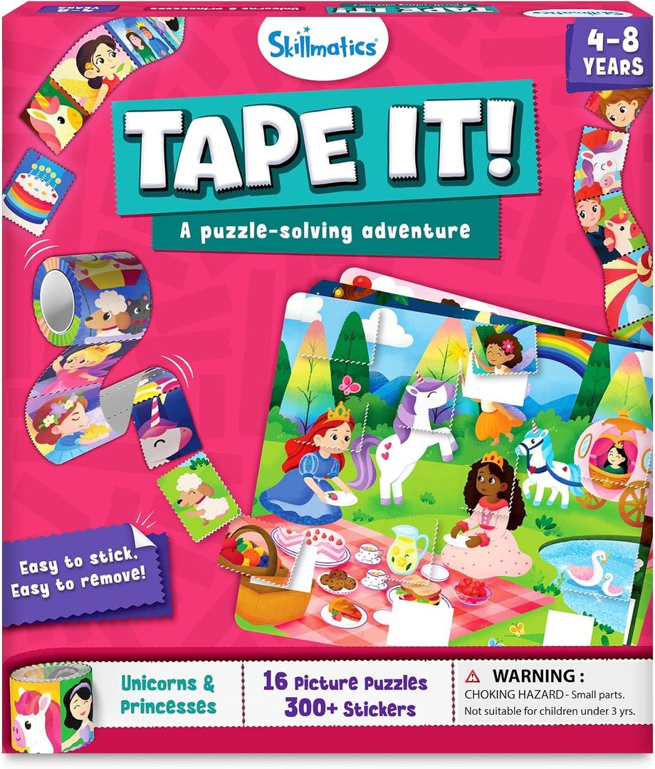 Skillmatics Puzzle Activity - Tape It Unicorn & Princess Sticker Puzzles, 300+ Easy-Tear Stickers, Adhesives Art & Craft Kit, Fine Motor Skills & Travel Toy, Gift for Kids Ages 4, 5, 6, 7, 8