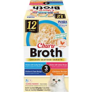 INABA Churu Broth for Cats, Side Dish Pouch, 1.4 Ounces per Pouch, 12 Pouches, Chicken & Seafood Variety (EXP 11/18/27)