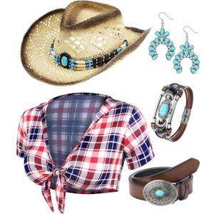 Hicarer 5 Pcs Cowgirl Outfit Costume Women Roleplay Set Tshirt Cowboy Hat Buckle Belt Pendant Earrings for Halloween (Small, Novelty)
