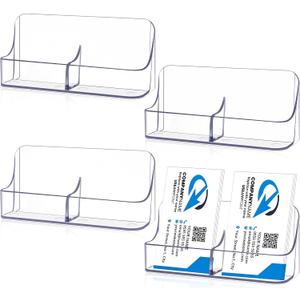 4 Pack Vertical Business Card Holder, Clear Acrylic 2 Pocket Desktop Business Card Holder, Multiple Cards Display Stand for Home, Office, and Exhibition, up to 100 Cards