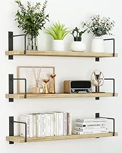 Floating Shelves - 24 Inch Wall Mounted Set of 3, Rustic Wood Storage Shelves for Living Room (Black)