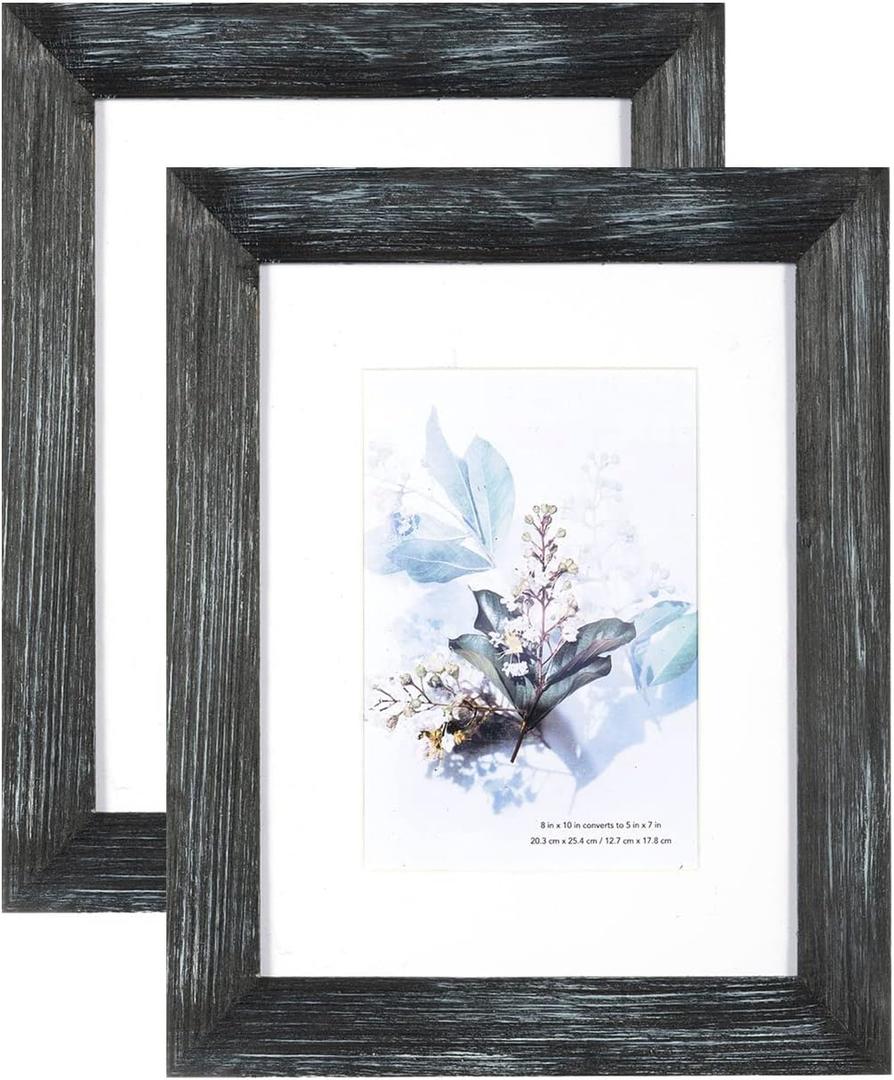KAIWIN 100% Solid Wood Black 8x10 Picture Frame 2 Pack - Display Picture 5x7 with Mat, HD Glass Inside, Rustic Wooden Photo Frames for Table Top and Wall Mounting