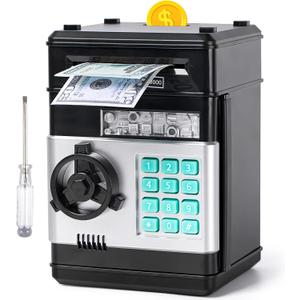 Piggy Bank, Vcertcpl ATM Coin Money Saving Box with Password, Kids Safe Money Jar with Auto Grab Bill Slot, Birthday Gifts Toys Bank for 6 7 8 9 10 11 12 Year Old Girls Boys (Large, Black)