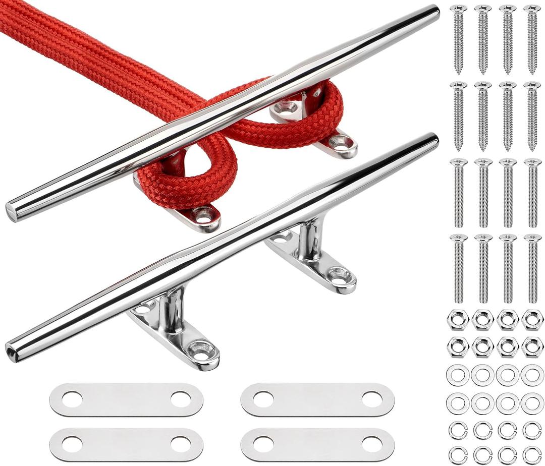 8"/10"/12" Boat Cleats, 316 Stainless Steel Open Base Marine Dock Rope Cleats with Backing Plates and Two Types Screws, Compatible with Kayak, Yacht, Pontoon, Nautical Decor