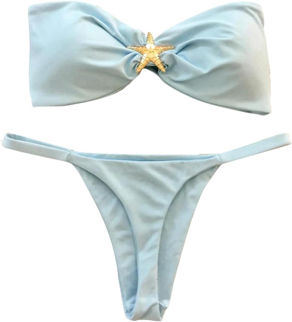 WDIRARA Women's 2 Piece Strapless Swimsuit Brazilian Thong Bikini Set Metal Starfish Bandeau Bathing Suit S