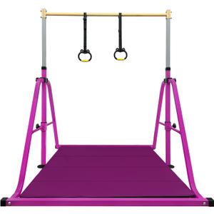 Foldable Gymnastics Kip Bar with Mat and Ring Set,3' to 5' Height Adjustable,Kids Gymnastic Equipment for Ages 3-15,Indoor and Home Training- Max Load 350LBS (VIOLET)