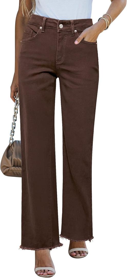 GRAPENT Straight Leg Jeans for Women High Waisted Stretchy Frayed Raw Hem Loose Denim Pants Casual Baggy Jean Trousers (Large, Pecan Brown)