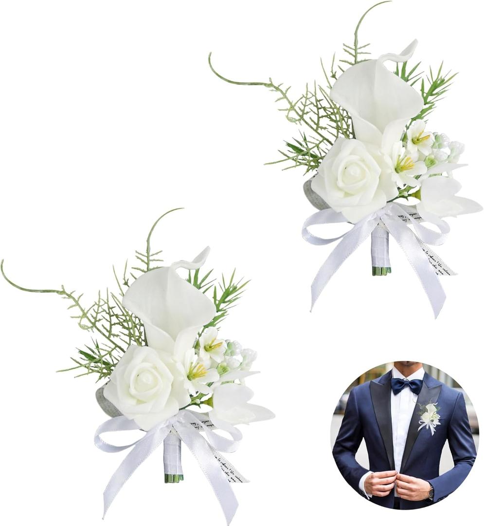 2PCS Calla Lily Boutonniere Handmade Romantic White Corsage Suitable for Wedding Ceremony, Anniversary, Dinner Dance (2), 10 x 14 cm