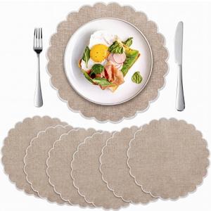 Set of 6 Linen Cotton Placemats 15 Inch White Edges Round Scalloped Embroidery Placemats Washable Double Layered Rustic Table Mat Fabric Napkins for Wedding Table Decor
