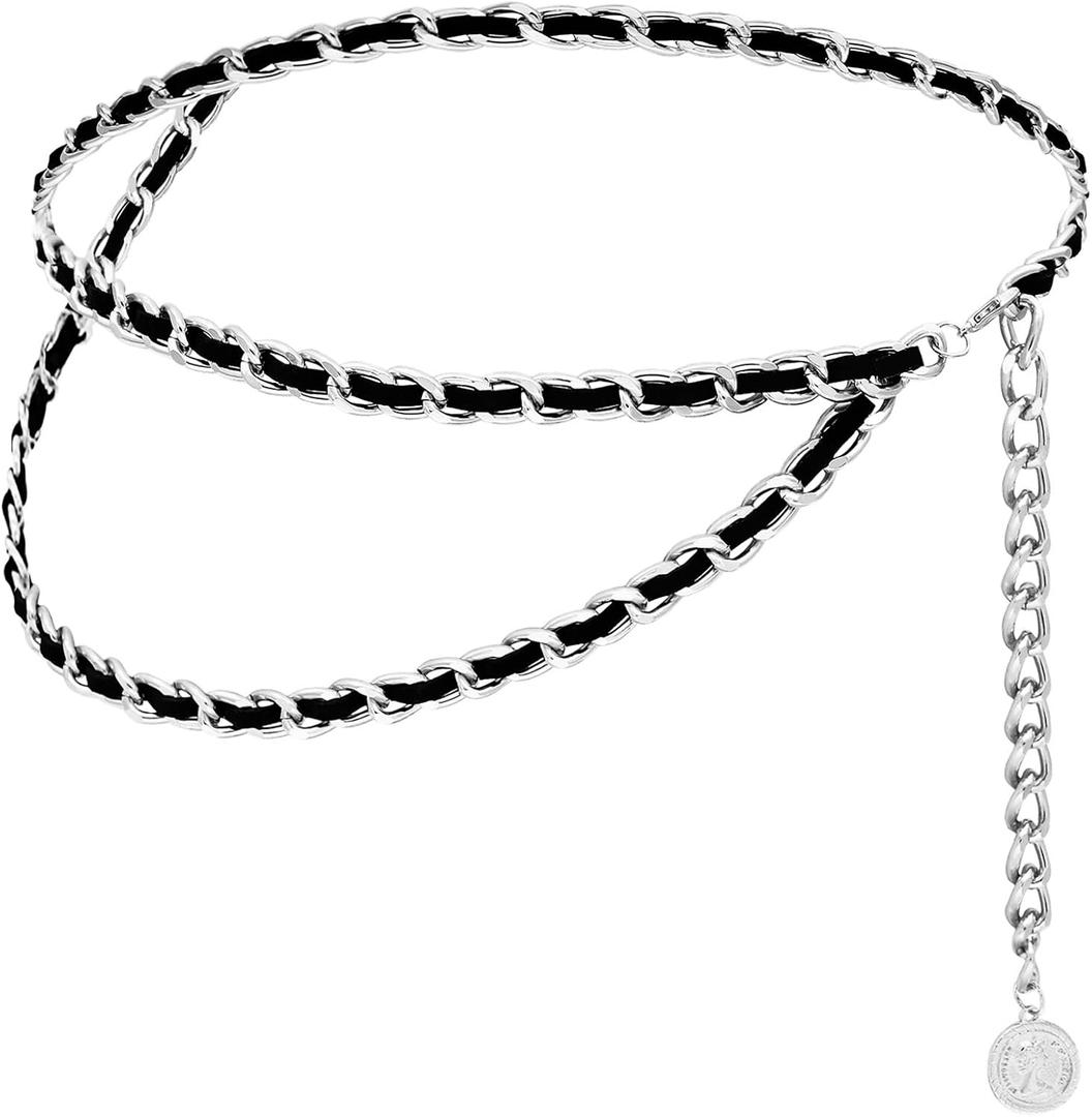 Leather Chain Belts for Women Girls, Layered Body Chain Belts Metal Waist Chain for Dress Vest Jeans (M: (Fit Waist 110cm/43.3in), Silver Black 2)