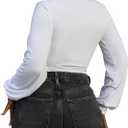LovelyWholesale Women Tie Front Tops Graphic Crop Sexy Long Sleeve Deep V Neck Shirt White R Small (White, S)