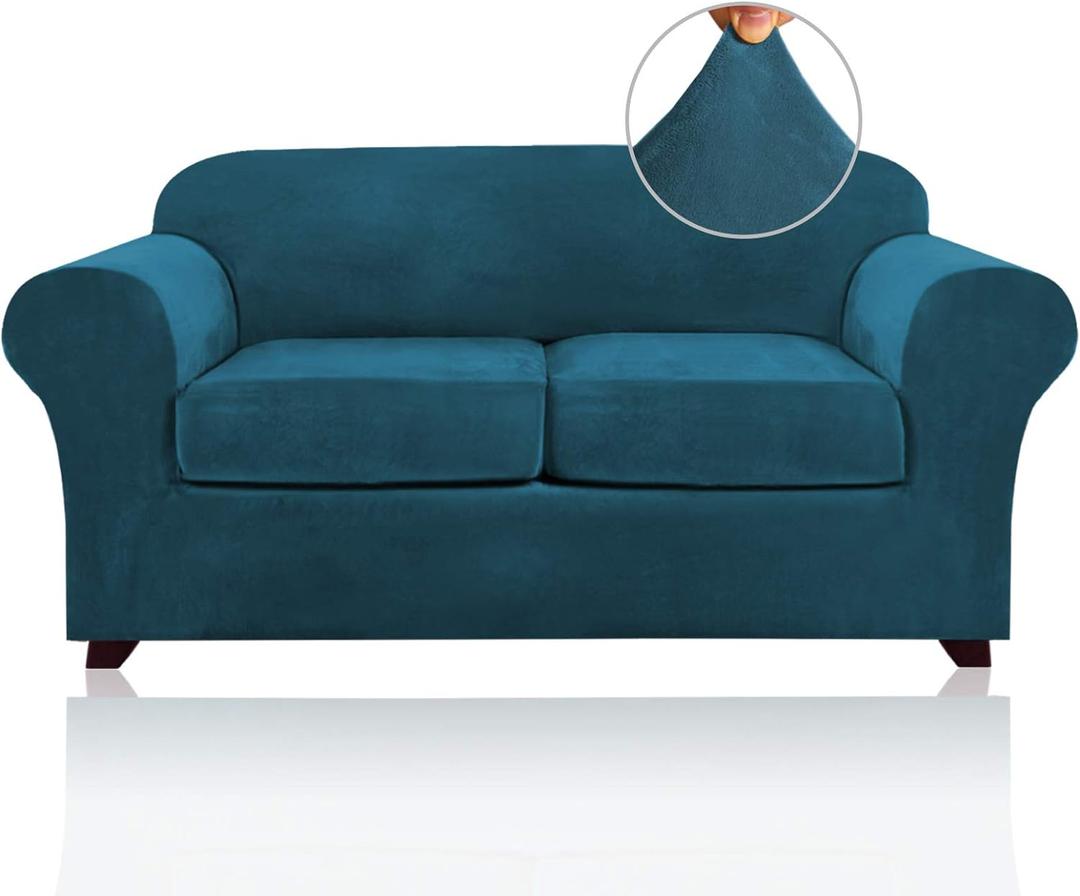 PrinceDeco Velvet Couch Cover Loveseat Covers for 2 Cushion Couch 3 Piece Sofa Covers for Dogs Washable Loveseat Covers Width Up to 72 Inch No Slip Stretch Sofa Slipcover (Medium,Deep Teal)