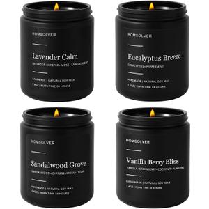 Homsolver Set of 4 Scented Candles for Home Decor, Candle Gifts for Dad Men Him, 200Hours Burn Tine, Vanilla, Lavender, Sandalwood, Eucalyptus Scented with Black Jar